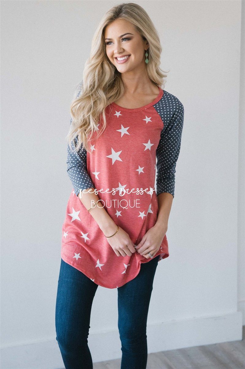 Stars & Polka Dots Baseball Sleeve Top Red White & Blue vendor-unknown 