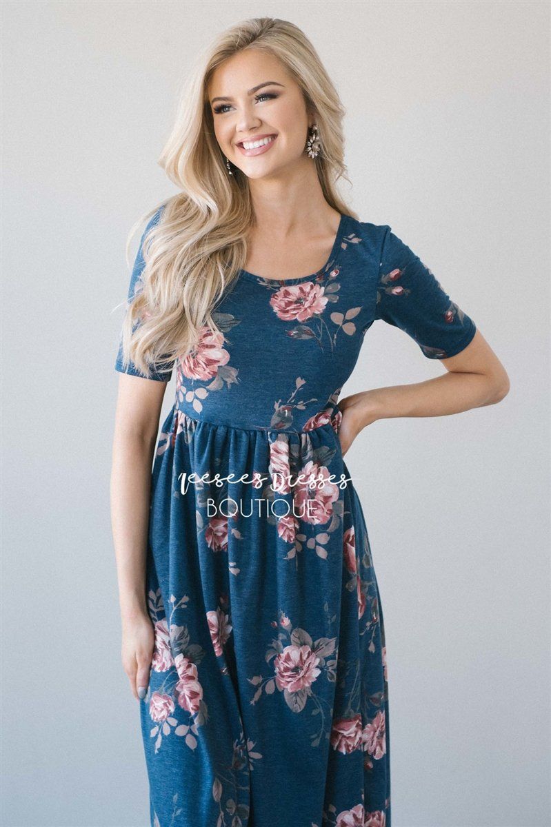 The Mindy Modest Dresses vendor-unknown Faded Navy & Rose Floral XS 