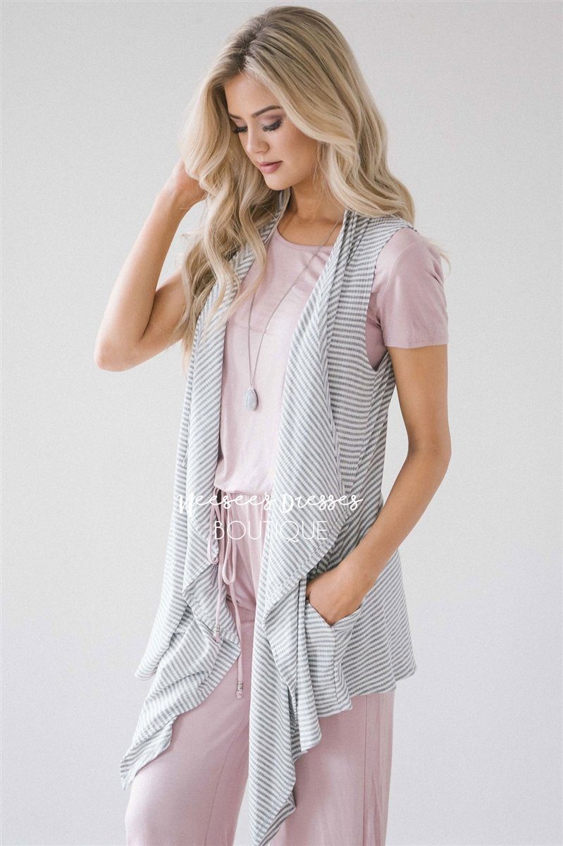 Striped Pocket Vest Tops vendor-unknown S Light Gray 