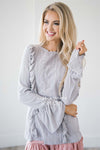 Ruffle Front Eyelet Bell Sleeve Top Tops vendor-unknown S Light Gray