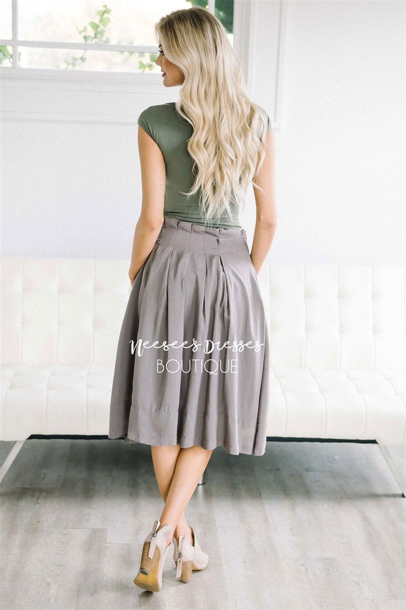 Muted Gray Tie Waist Full Skirt Skirts vendor-unknown 