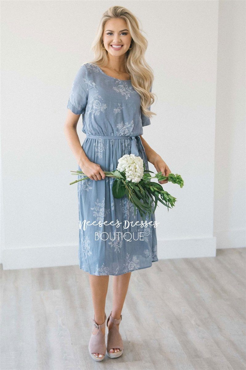 The Miriam Modest Dresses vendor-unknown S Slate Blue & Faded White Floral 