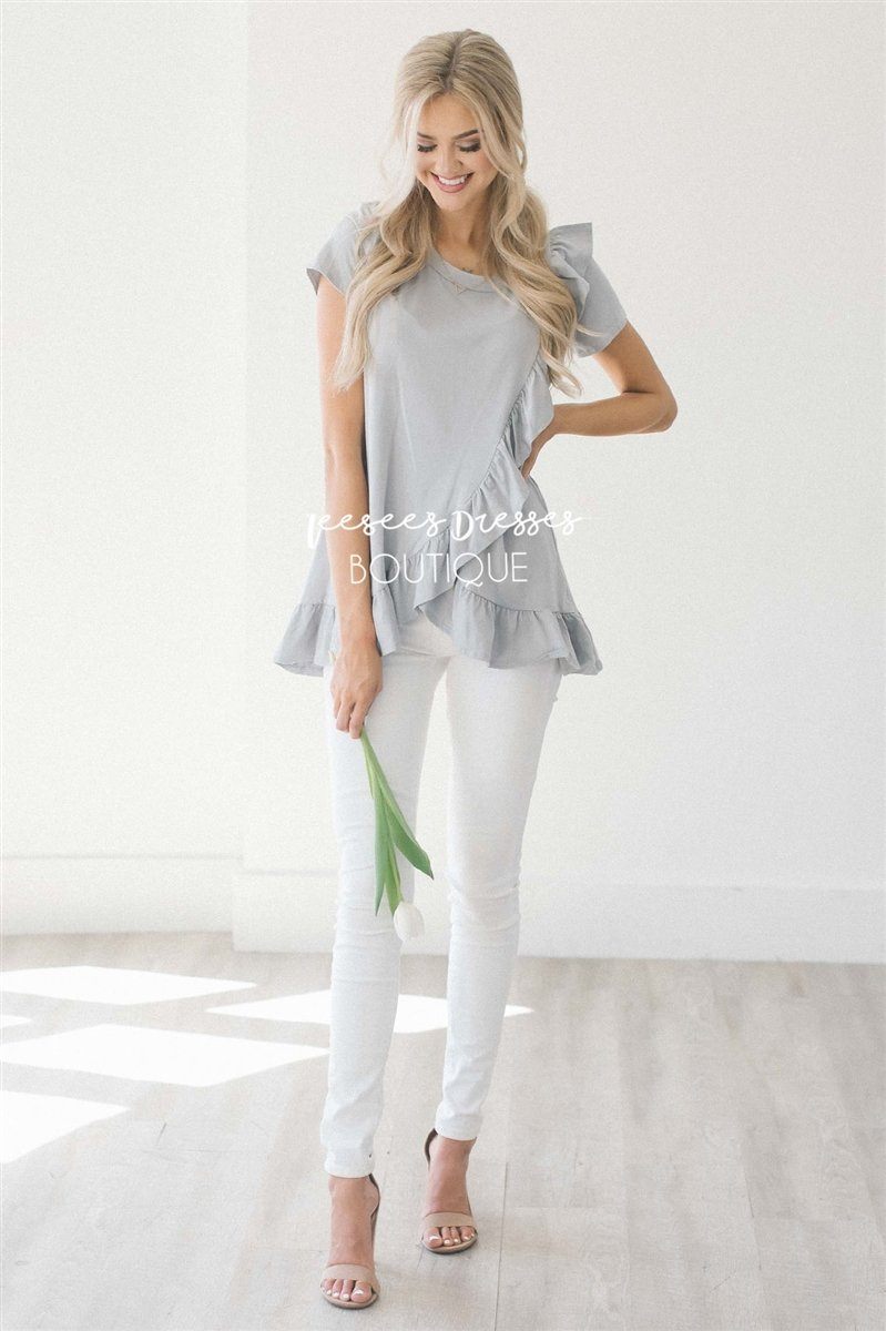 Asymmetric Ruffle Hem Tunic Tops vendor-unknown 