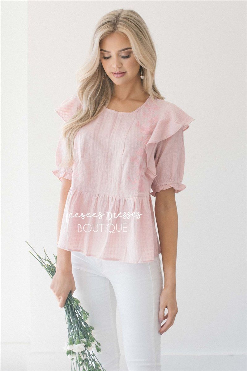 Embroidered Peplum Ruffle Sleeve Top Tops vendor-unknown S Pink 