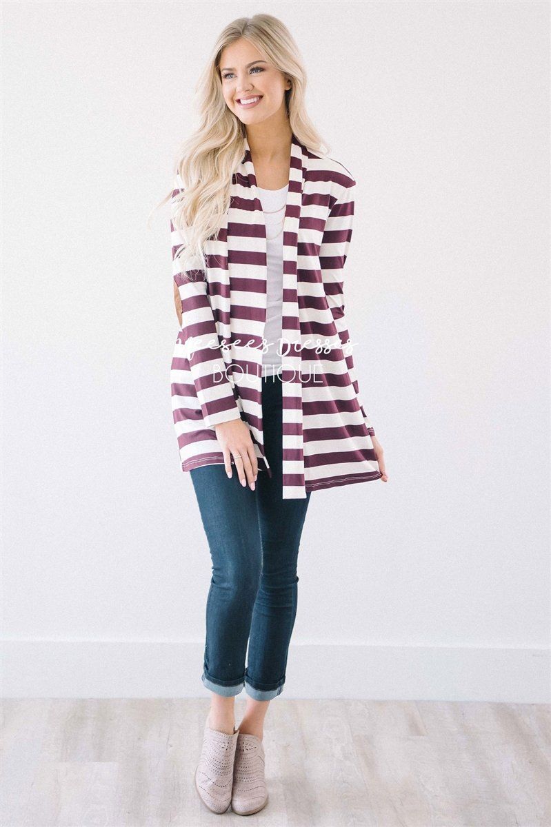 Burgundy Stripe Elbow Patch Cardigan Tops vendor-unknown 