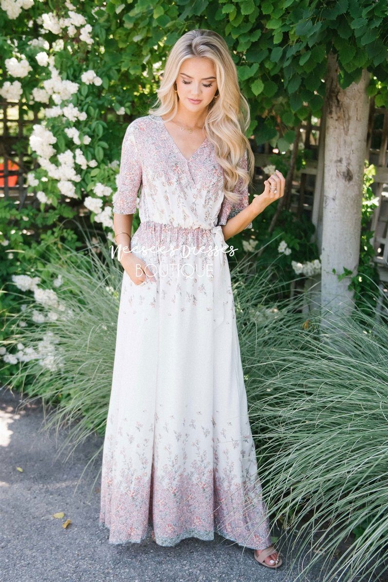 The Kenya Modest Dresses vendor-unknown S Cream & Mauve Mini Floral 