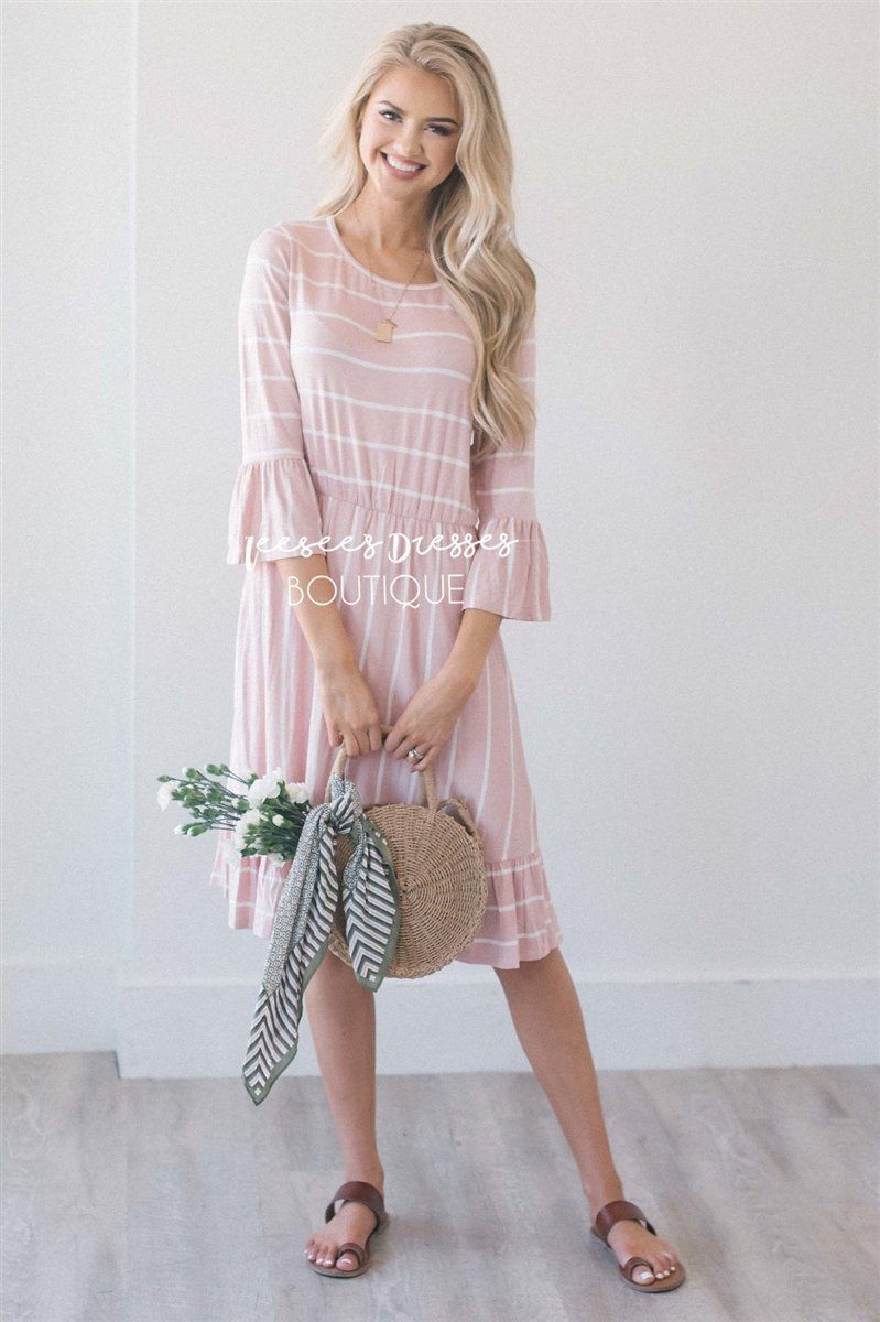 The Tiffany Modest Dresses vendor-unknown S Light Pink & Ivory Stripes 