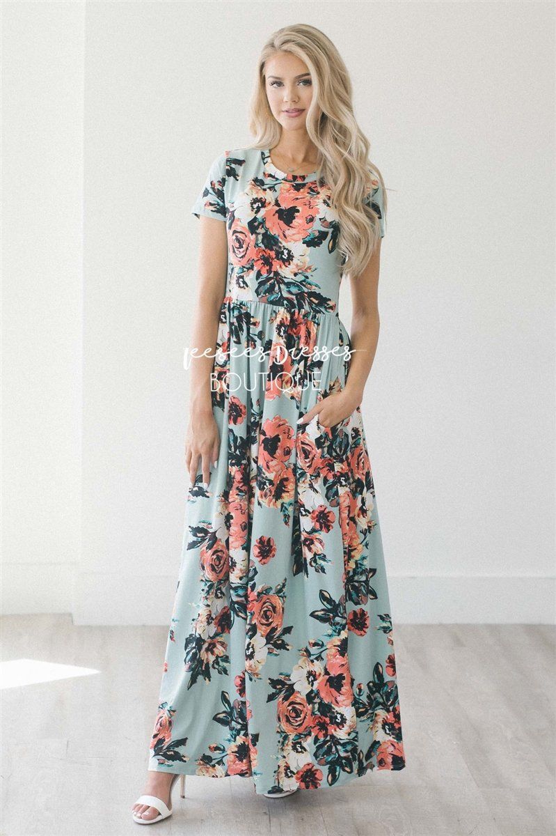 Mint Watercolor Short Sleeve Maxi Dress Modest Dresses vendor-unknown S Mint 