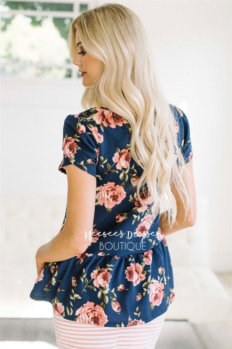 Navy Floral Peplum Top Tops vendor-unknown 