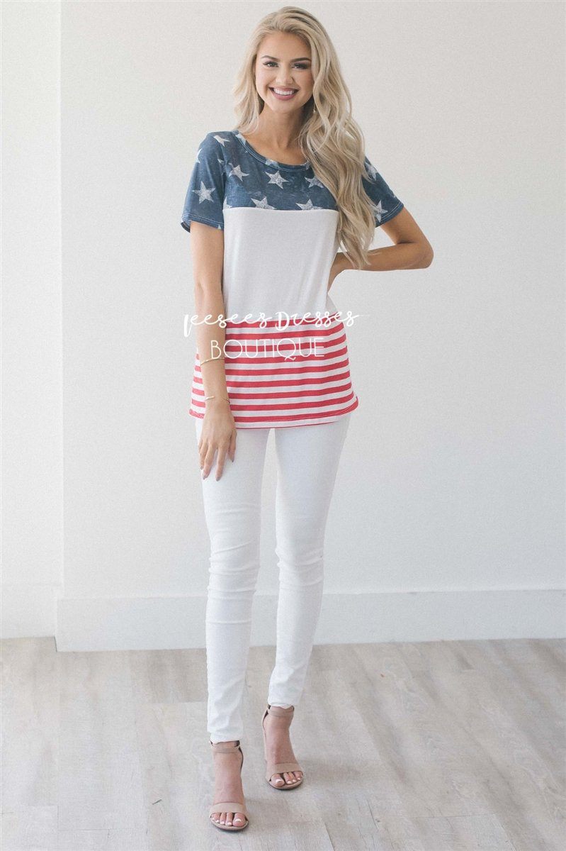 Color Block American Flag Top Tops vendor-unknown S Navy & White Stars 