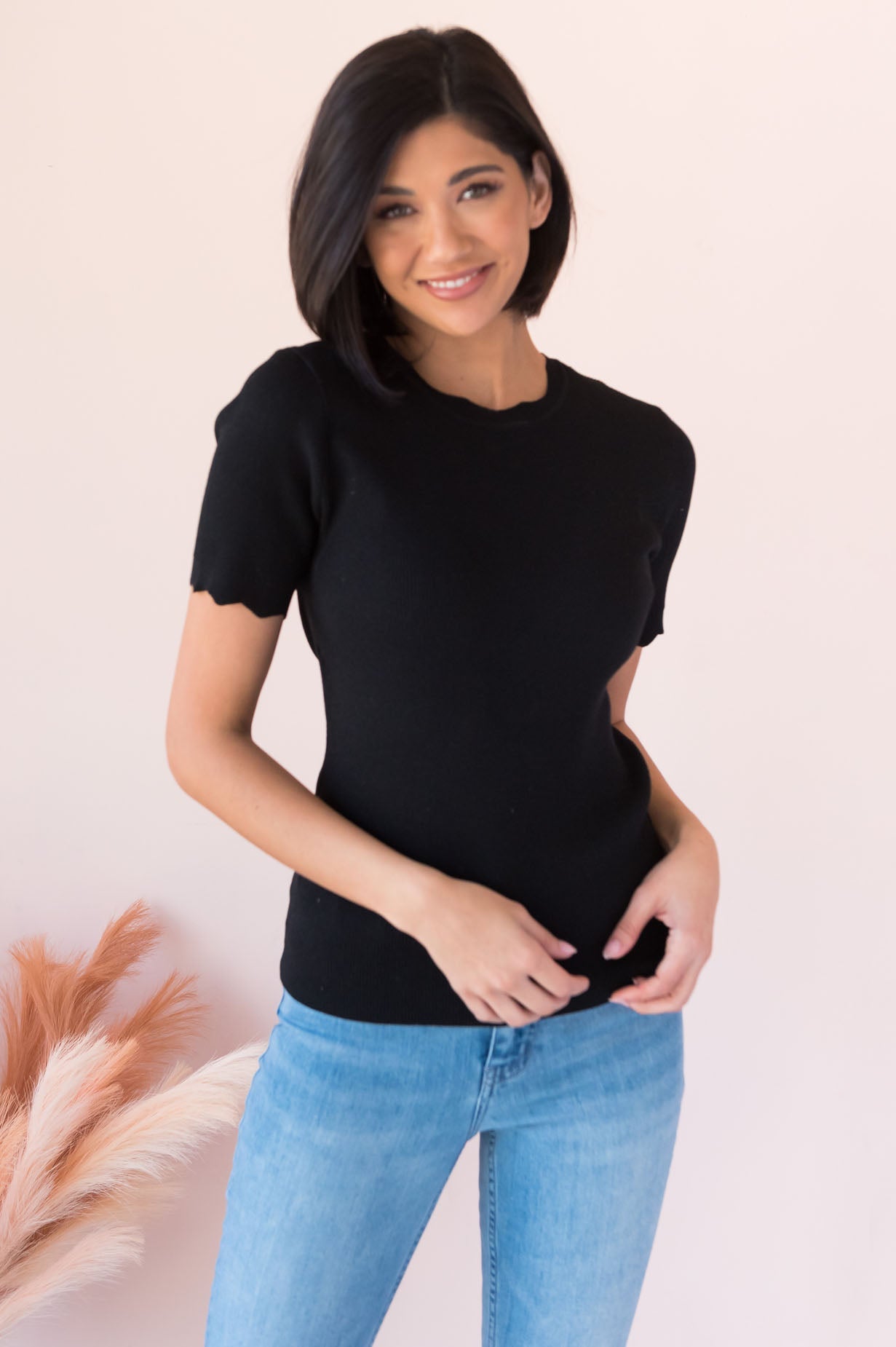 Going Strong Modest Scallop Edge Sweater Tops vendor-unknown 