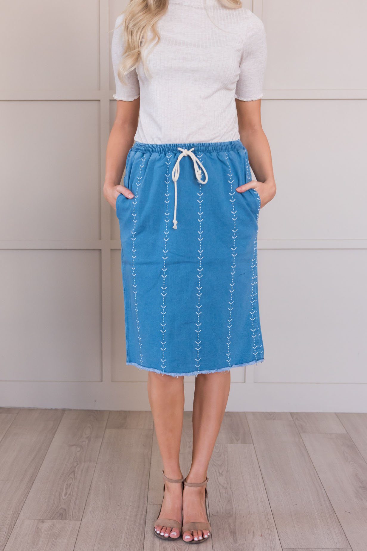 Just Be You Embroidered Jean Skirt Modest Dresses vendor-unknown 