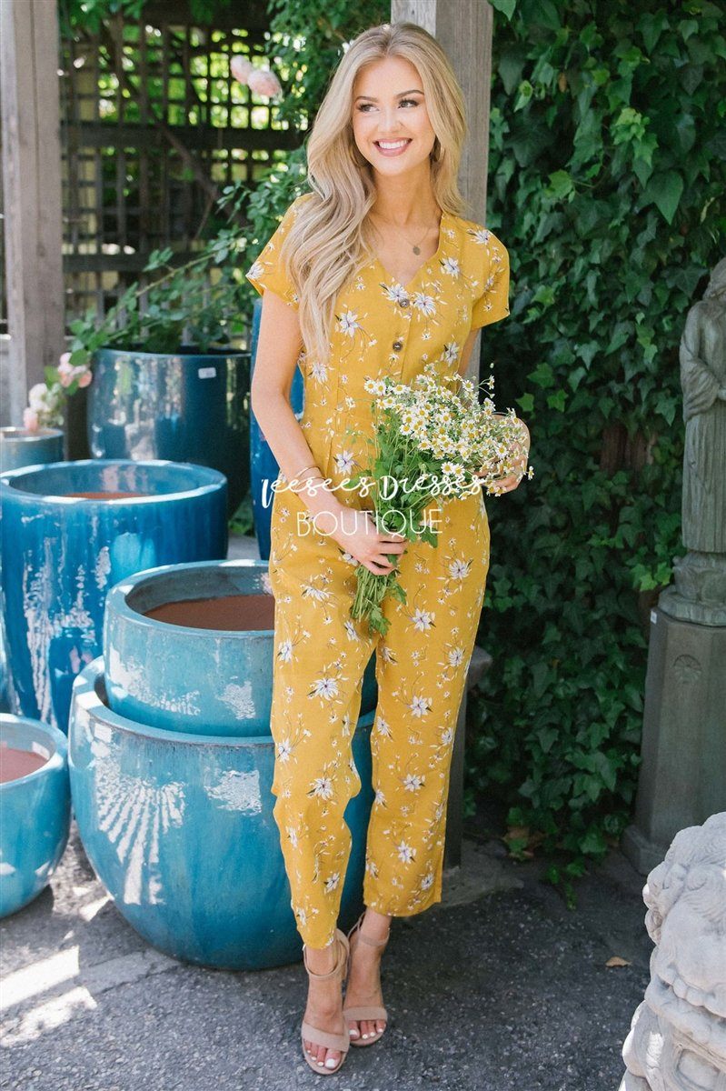 The Mimi Floral Jumpsuit Modest Dresses vendor-unknown Mustard Floral Print S 