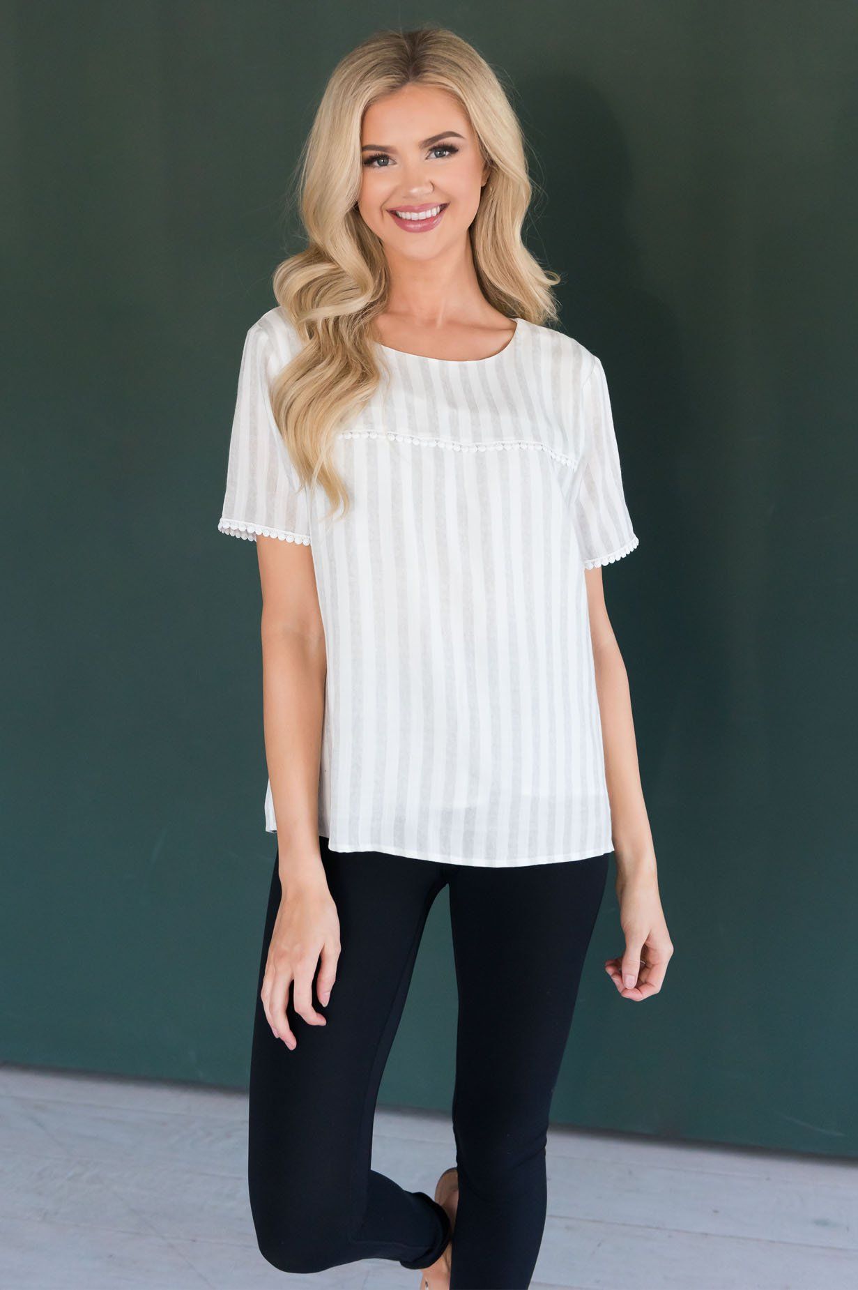 The Almighty Pom Detail Striped Modest Blouse Tops vendor-unknown 