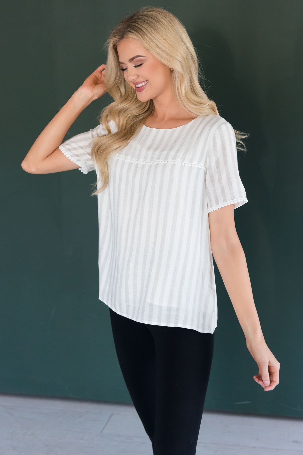 The Almighty Pom Detail Striped Modest Blouse Tops vendor-unknown 