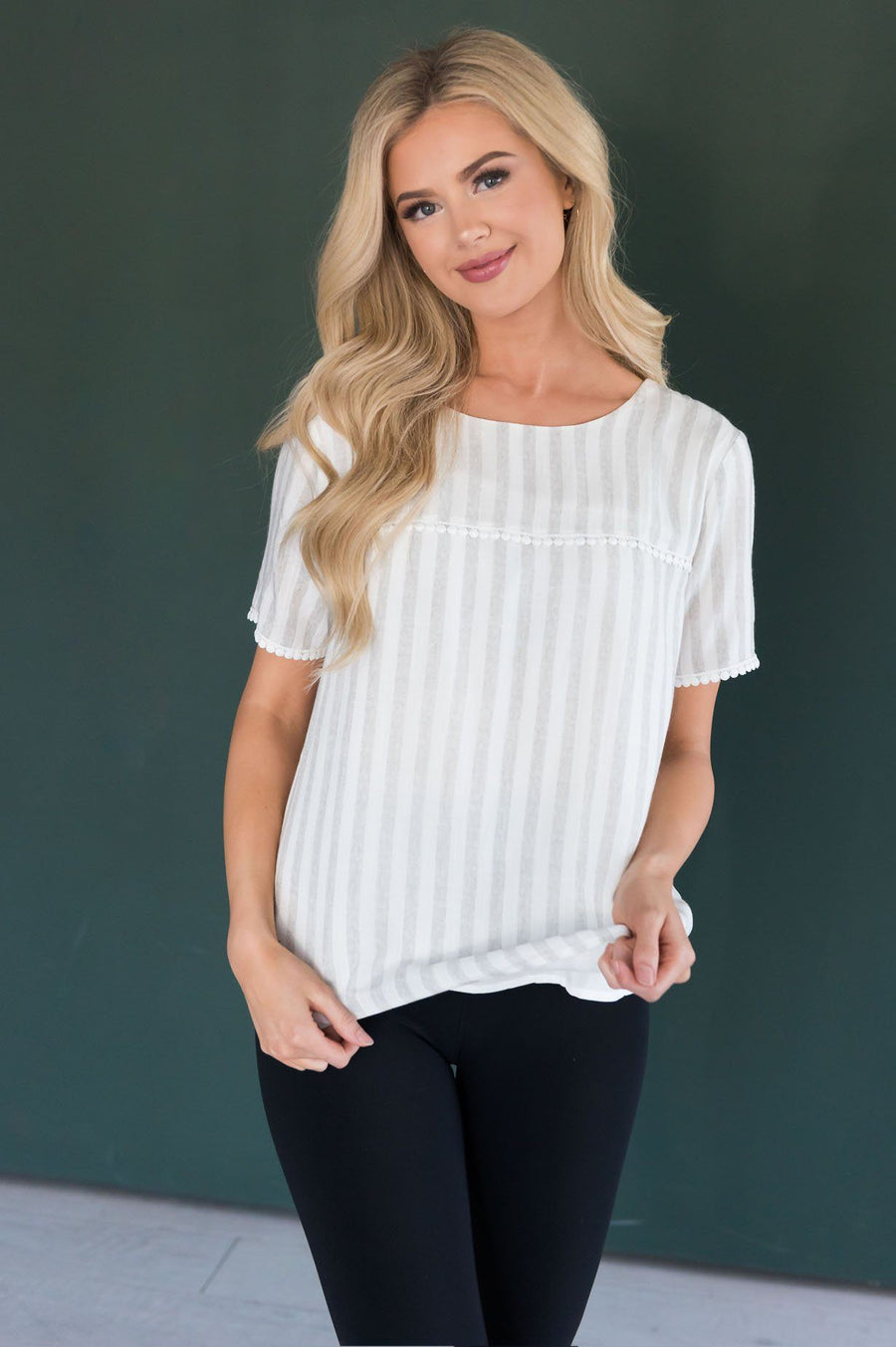 The Almighty Pom Detail Striped Modest Blouse Tops vendor-unknown 