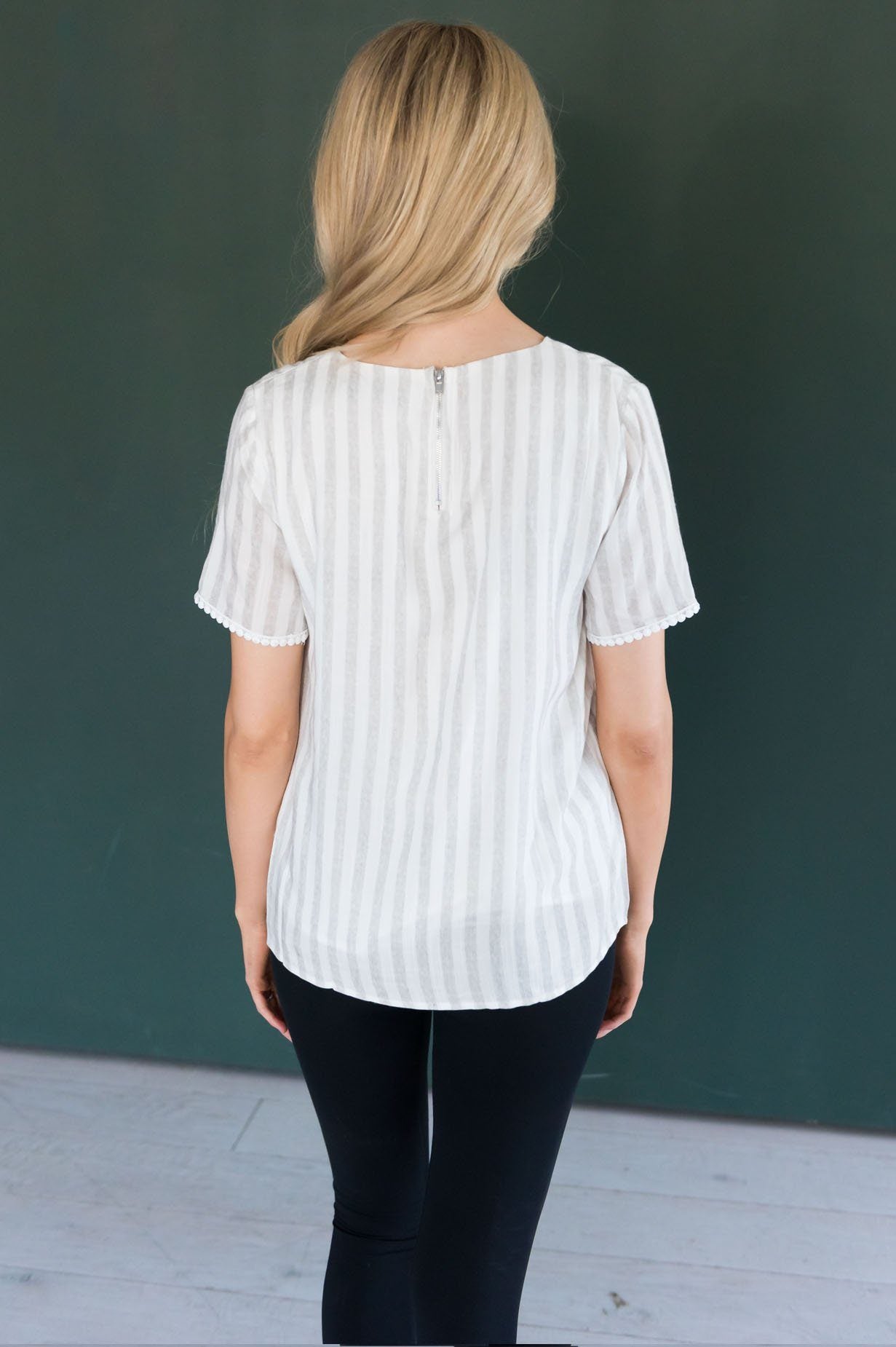 The Almighty Pom Detail Striped Modest Blouse Tops vendor-unknown 