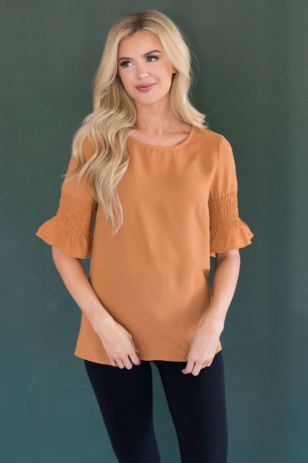 Something New Gathered Sleeve Top Modest Dresses vendor-unknown 