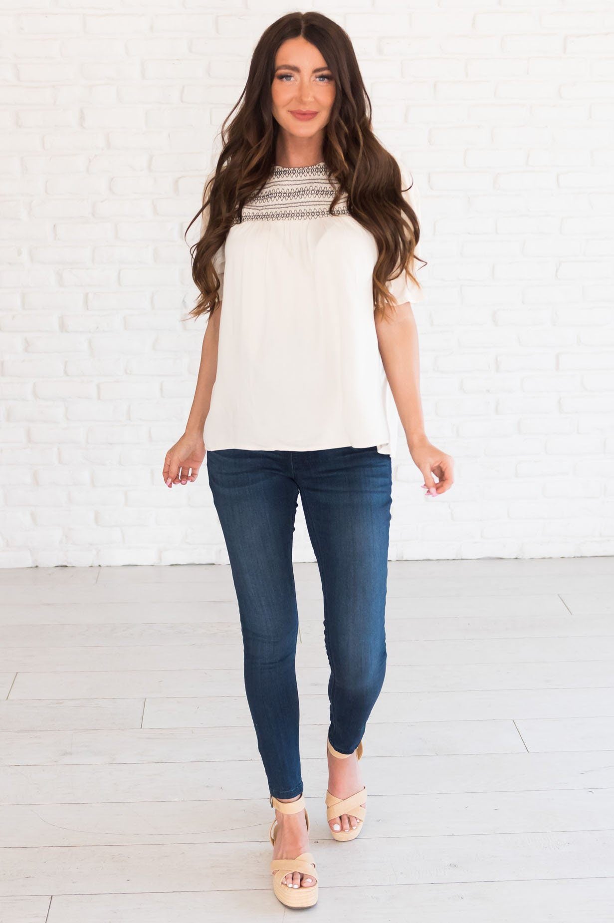 Drift Away Embroidered Modest Blouse Tops vendor-unknown 