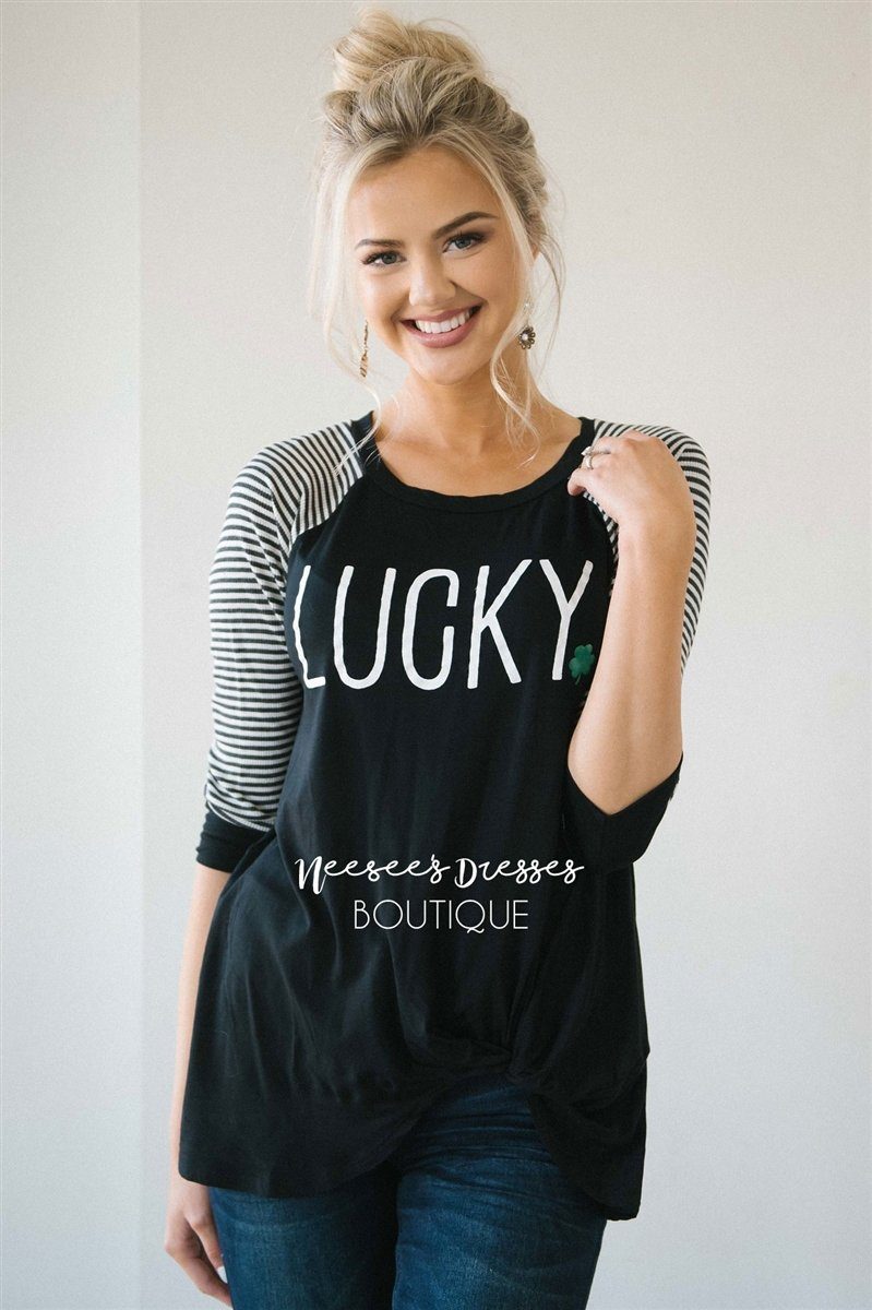 Lucky Baseball Sleeve Top Tops vendor-unknown S Black 