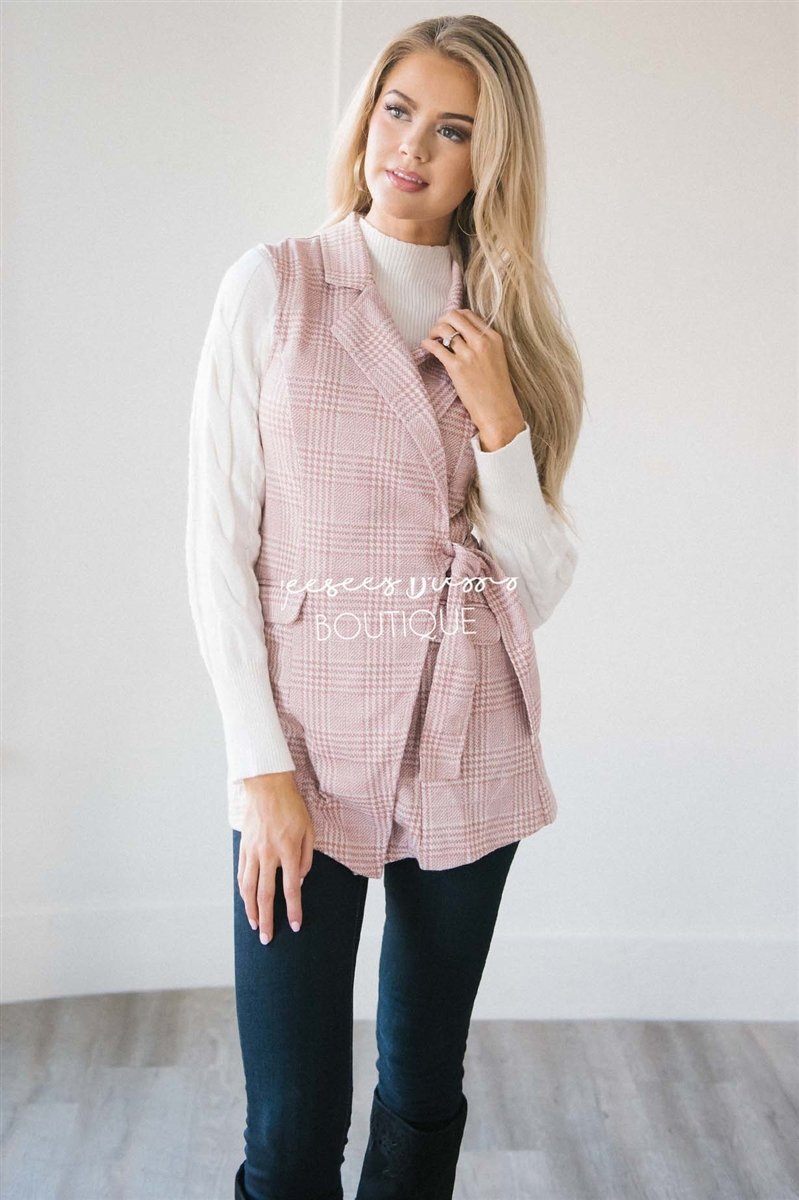 Pretty in Pink Plaid Self Tie Vest Tops vendor-unknown 