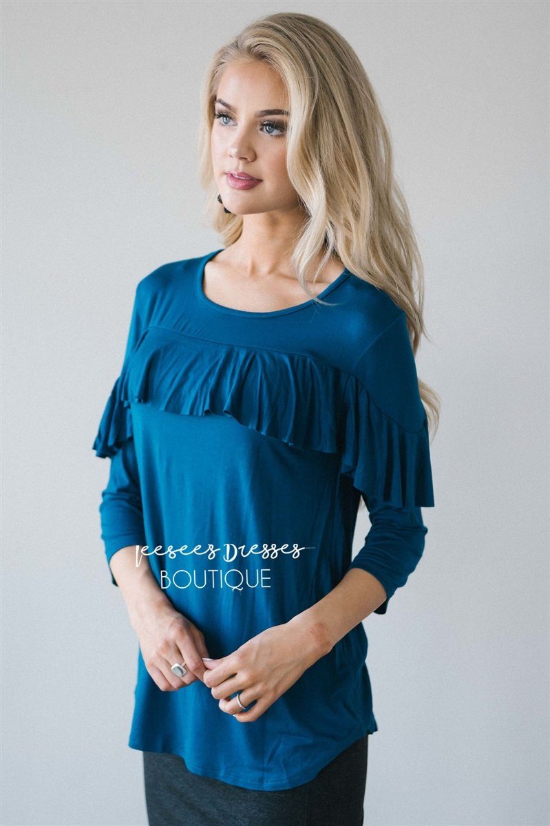 Ruffle Front Detail 3/4 Length Sleeve Top Tops vendor-unknown 
