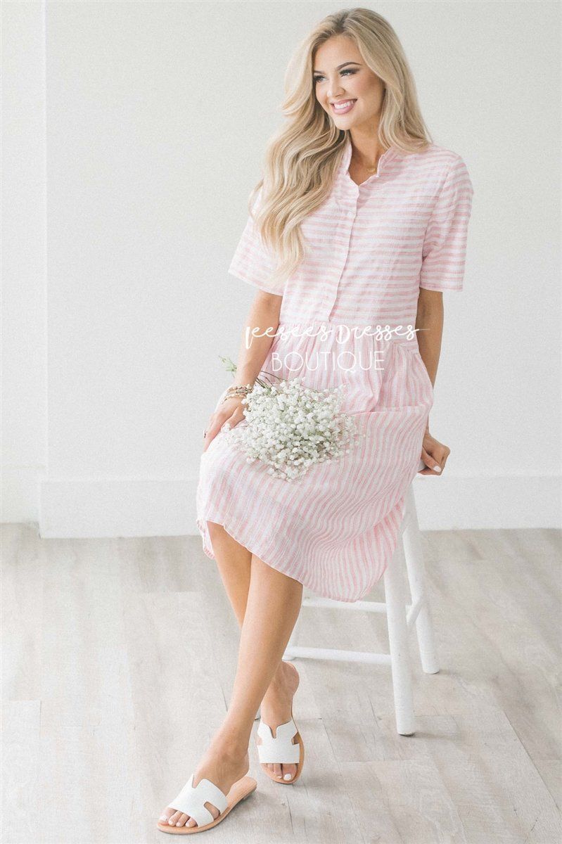 The Judy Modest Dresses vendor-unknown Light Pink & Ivory Stripes S 