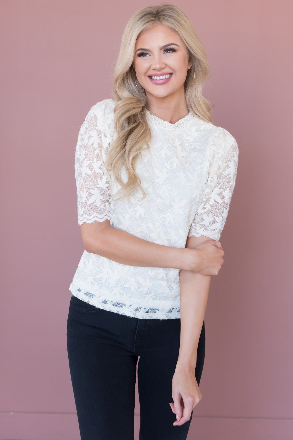 Picture Perfect Modest Lace Bodice Blouse Tops vendor-unknown 