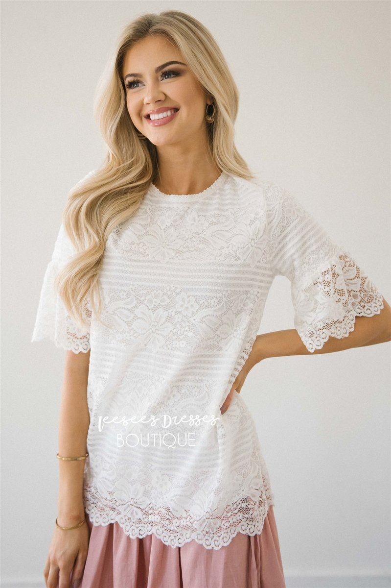 Lace Scalloped Bell Sleeve Top Tops vendor-unknown Ivory S 