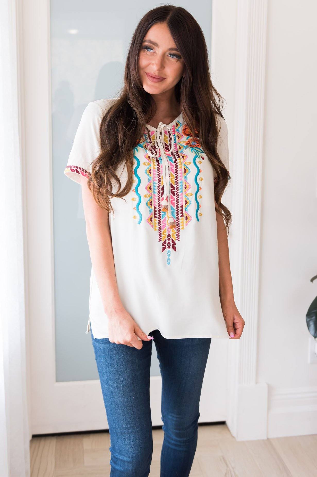 Feeling Free Modest Embroidered Blouse Modest Dresses vendor-unknown 