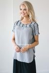 Embroidered Chambray Top Tops vendor-unknown
