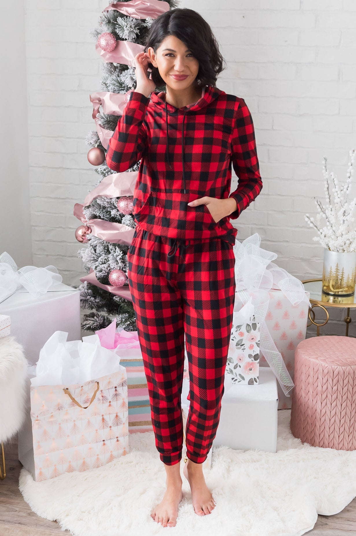 Buffalo Plaid Modest Lounge Set Tops vendor-unknown 