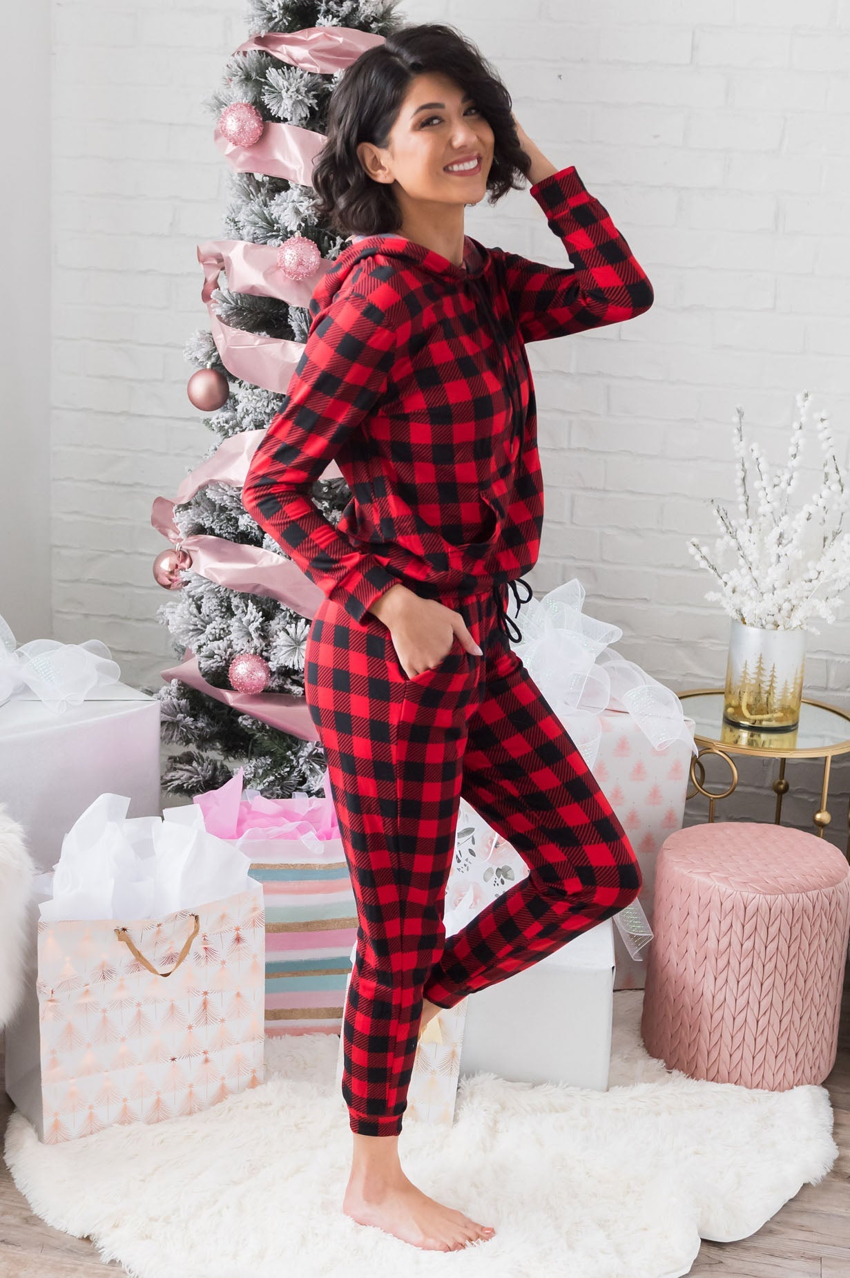 Buffalo Plaid Modest Lounge Set Tops vendor-unknown 