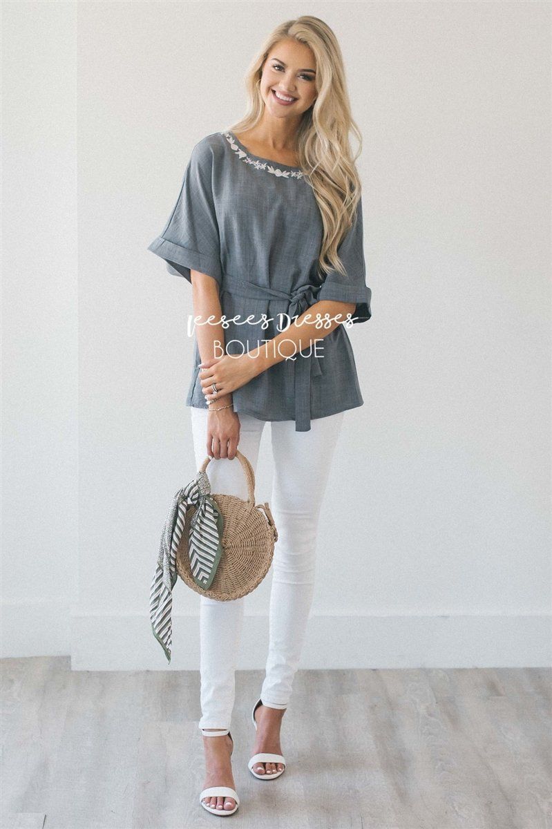 Embroidered Dolman Sleeve Tie Waist Top Tops vendor-unknown 