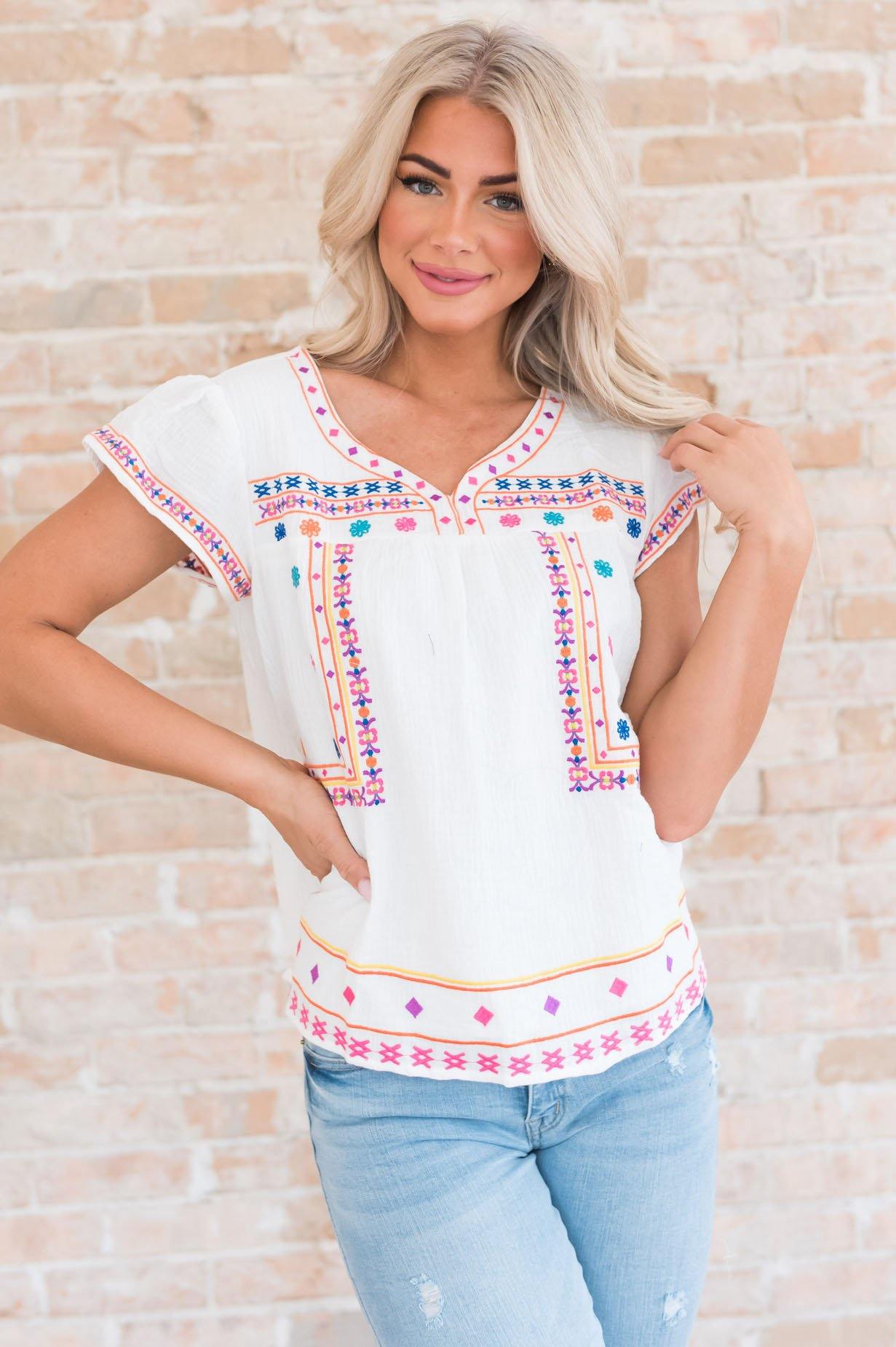 Cancun Cutie Modest Embroidered Blouse Tops vendor-unknown 