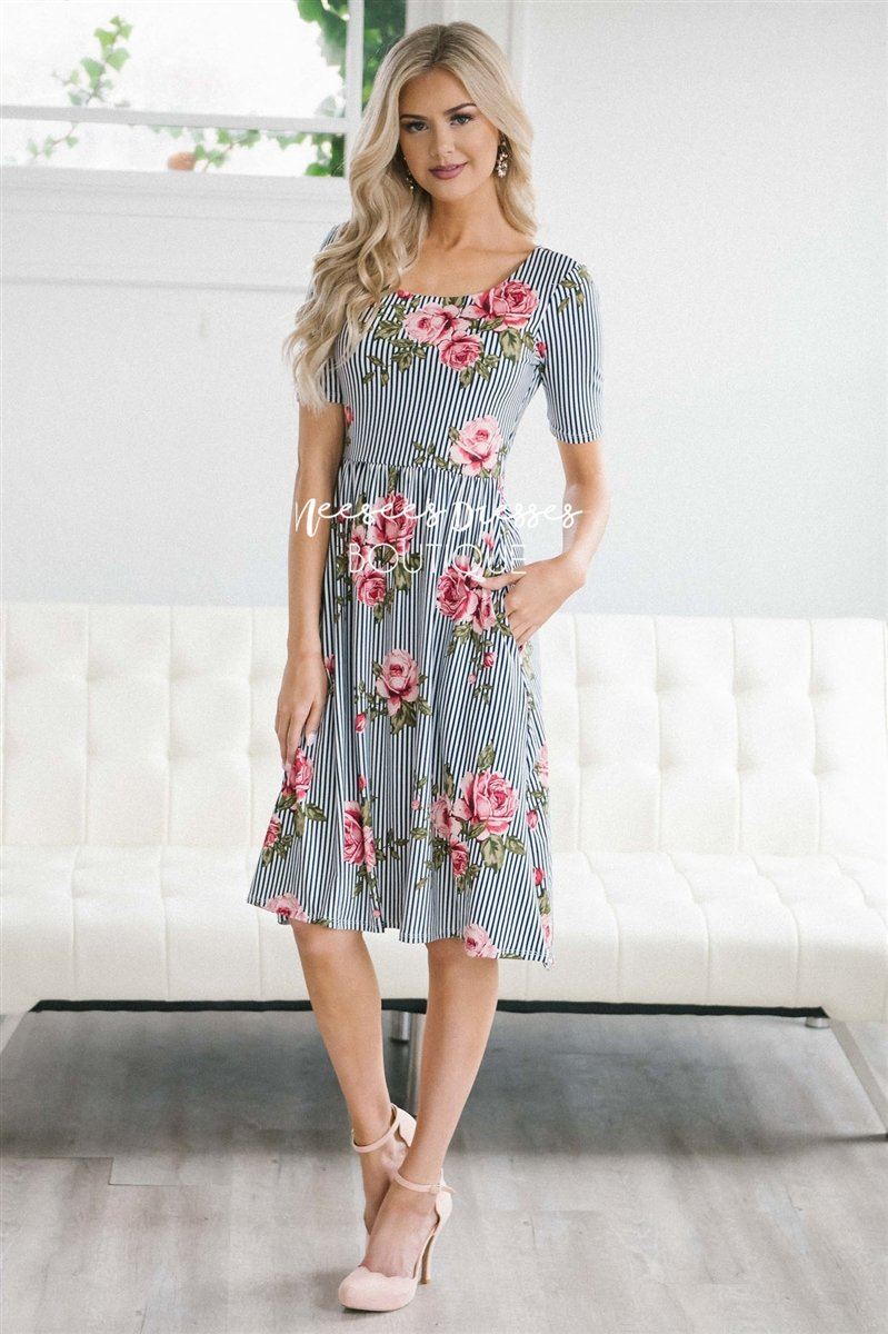 The Natalie Modest Dresses vendor-unknown Navy Stripes XS 