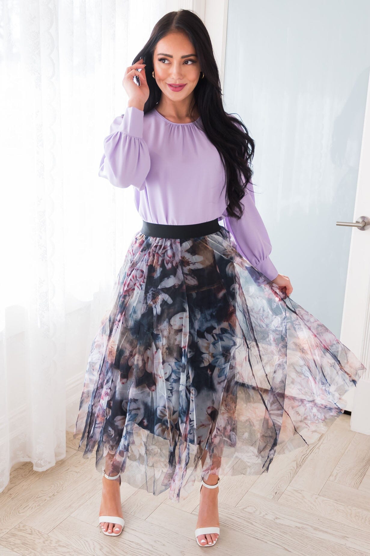 Graceful Floral Modest Tulle Skirt Skirts vendor-unknown 