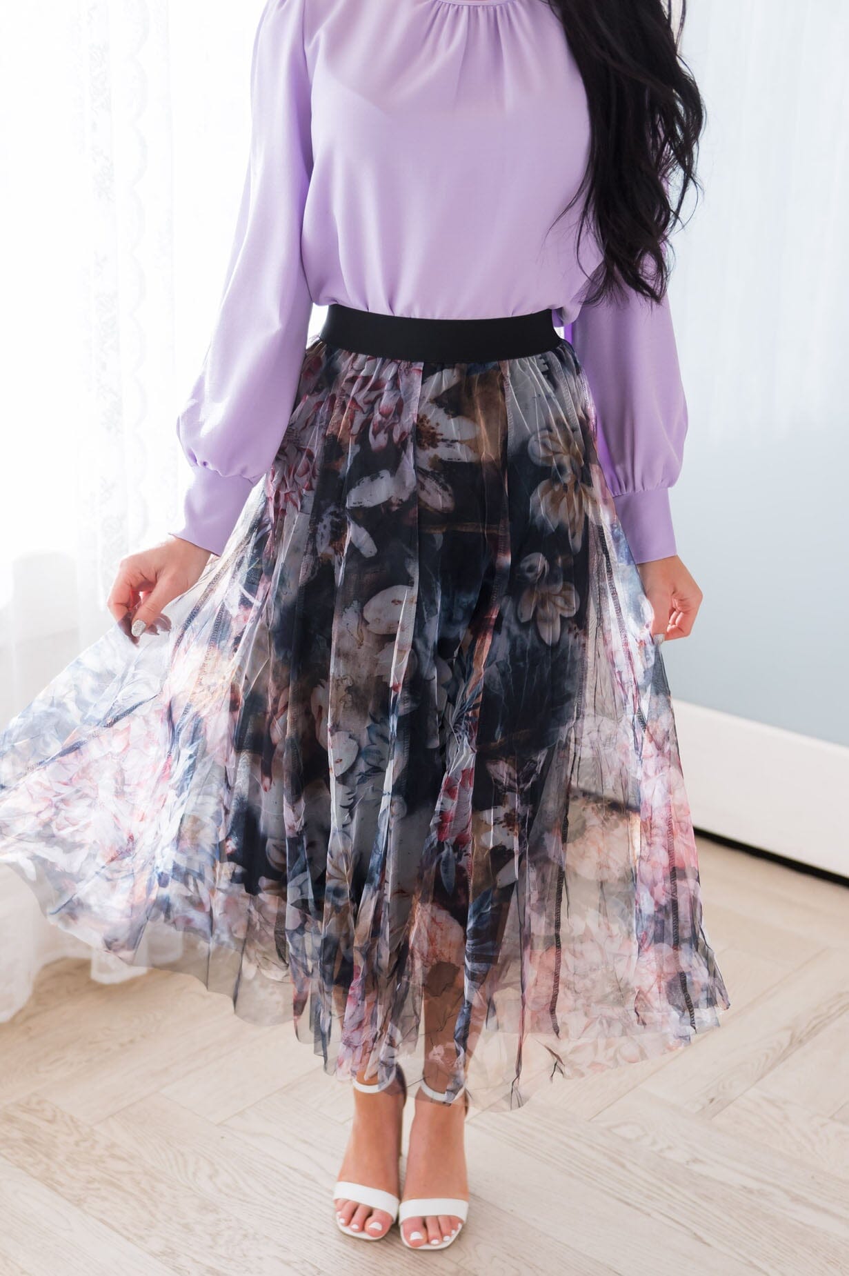 Graceful Floral Modest Tulle Skirt Skirts vendor-unknown 