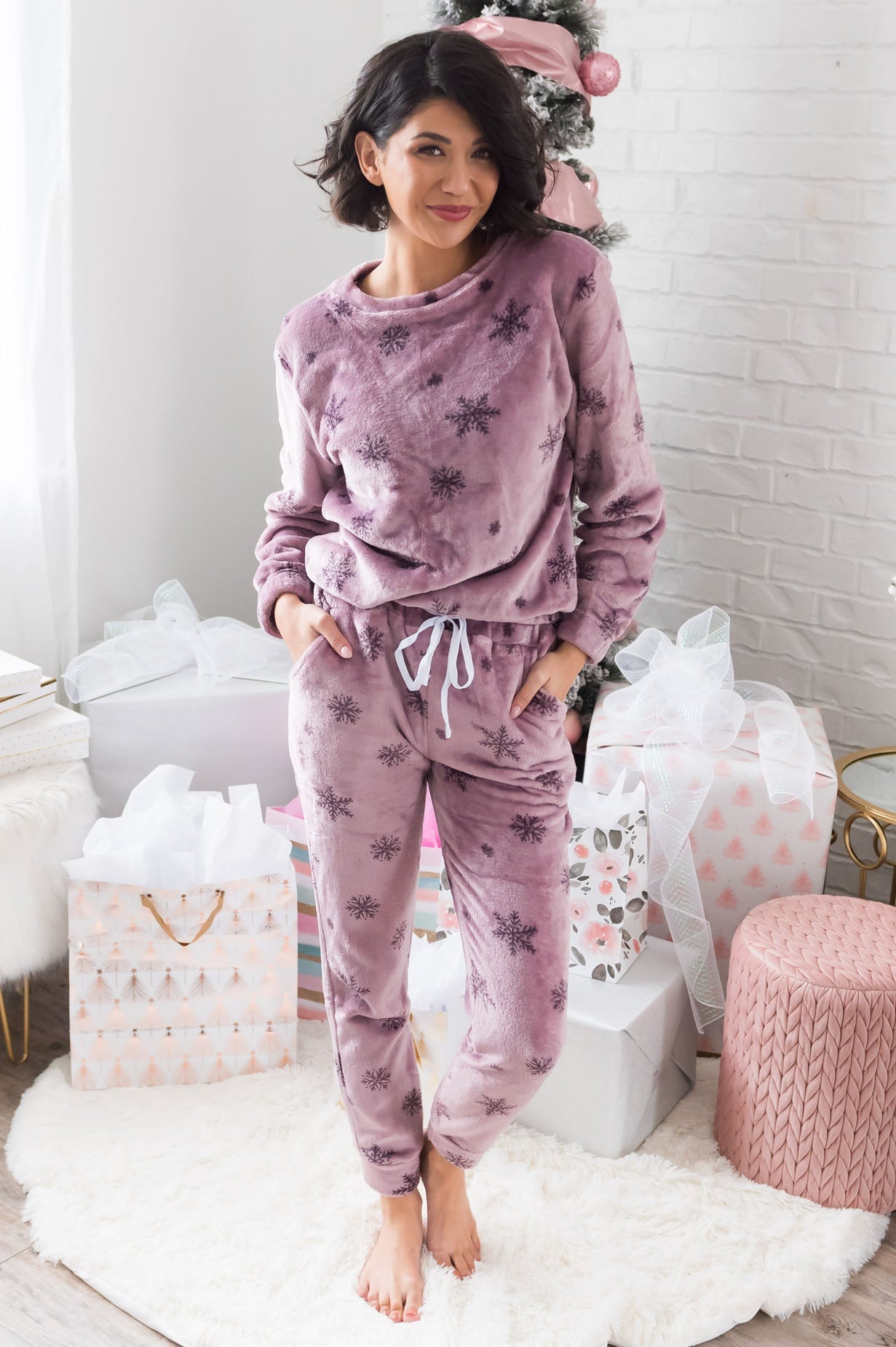 Sugarplum Snowflakes Modest Fuzzy Lounge Set Tops vendor-unknown 