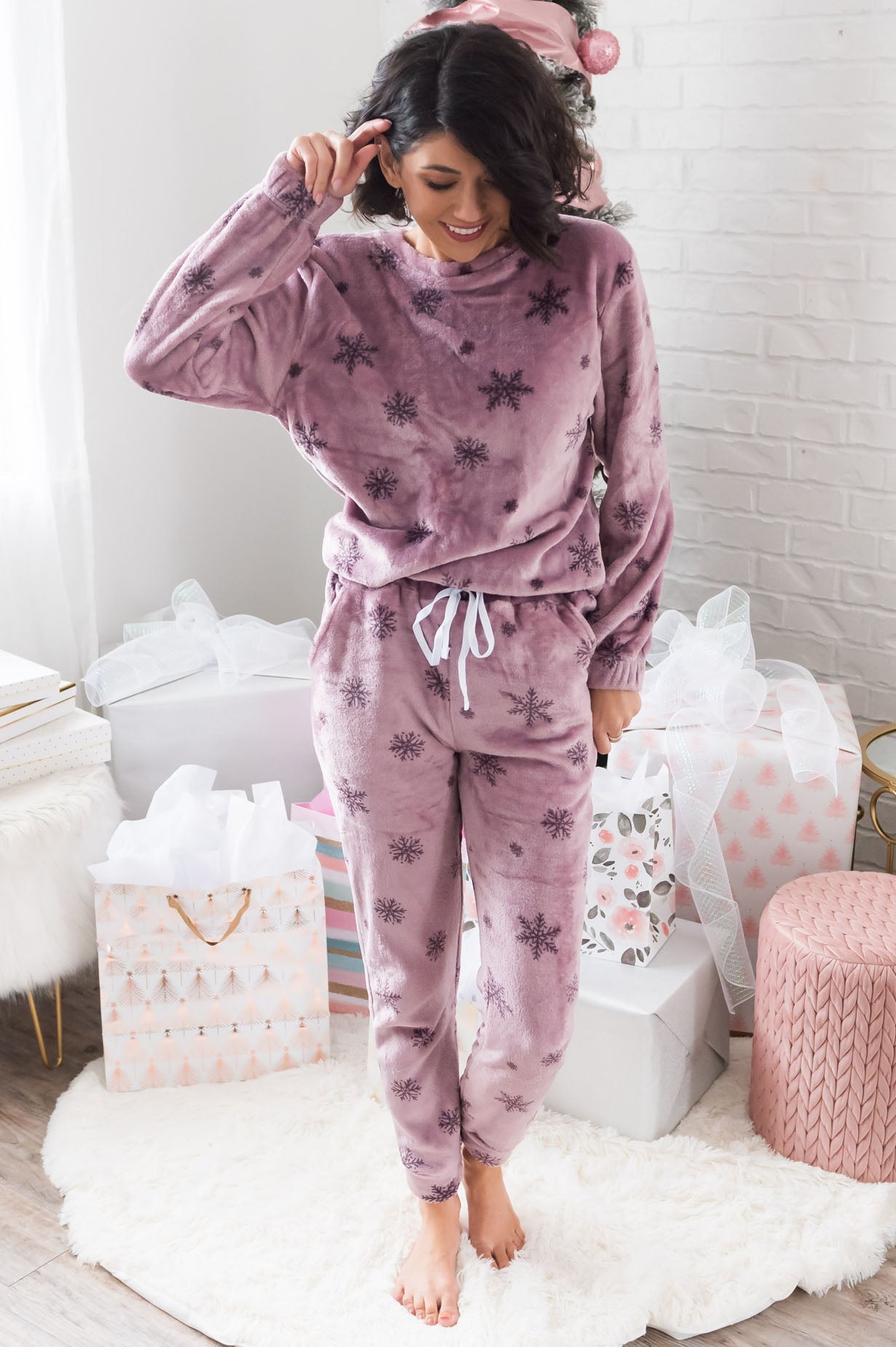 Sugarplum Snowflakes Modest Fuzzy Lounge Set Tops vendor-unknown 