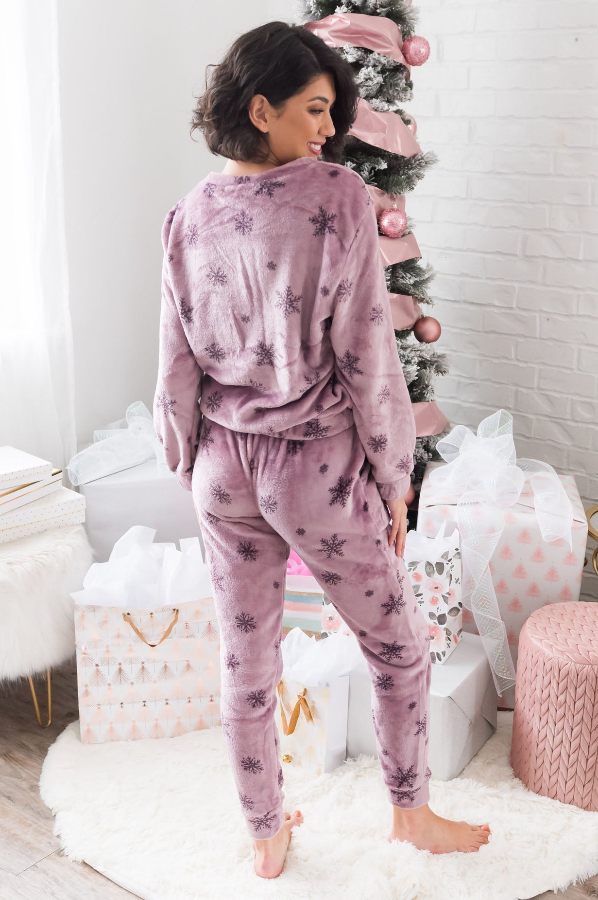 Sugarplum Snowflakes Modest Fuzzy Lounge Set Tops vendor-unknown 
