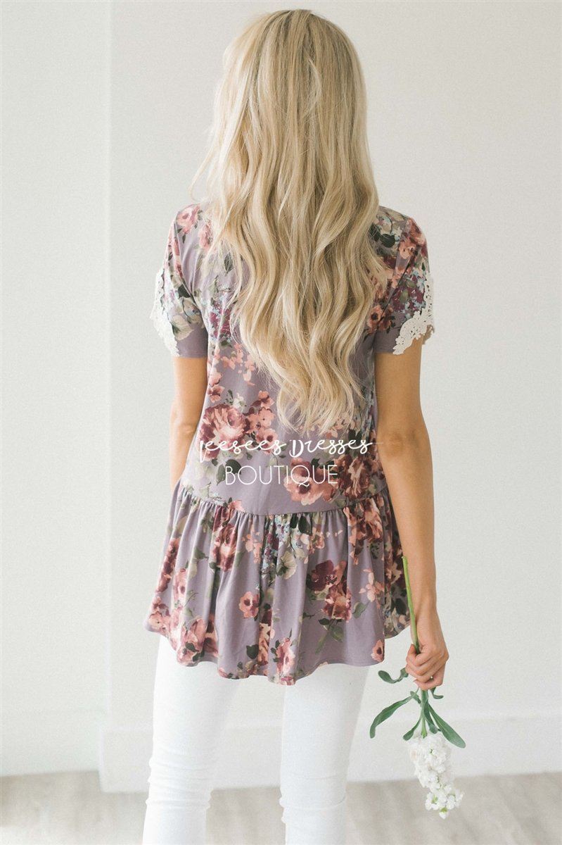 Dusty Lilac Floral Peplum Lace Sleeve Top Tops vendor-unknown 
