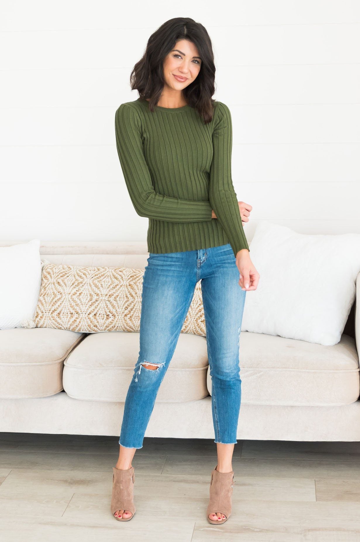 Falling Forward Modest Ribbed Sweater Tops vendor-unknown 