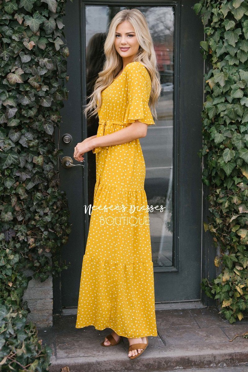 Polka Dot Flutter Sleeve Tiered Maxi Dress Modest Dresses vendor-unknown Canary Yellow S 