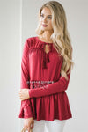 Ruffle Tiered Neck Tie Long Sleeve Top Tops vendor-unknown Cardinal Red S