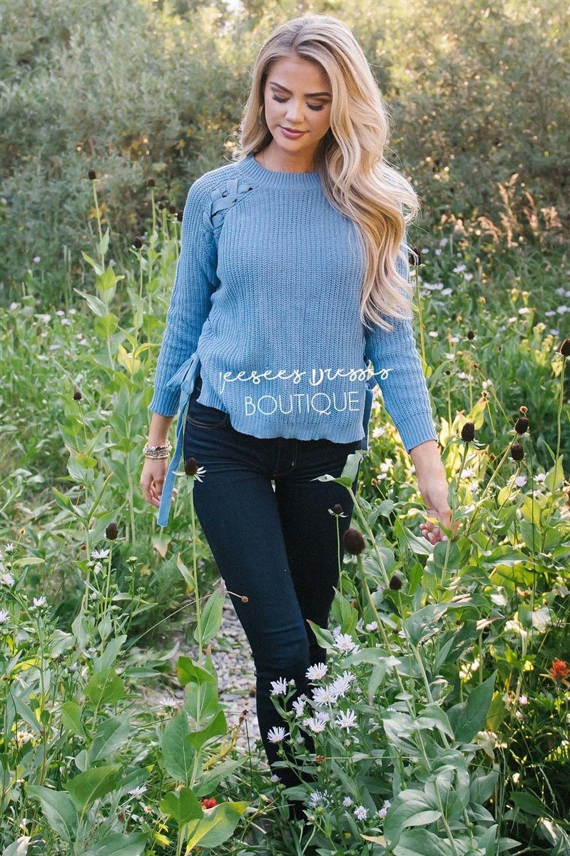 Lace Up Knit Sweater Tops vendor-unknown Cornflower Blue S 