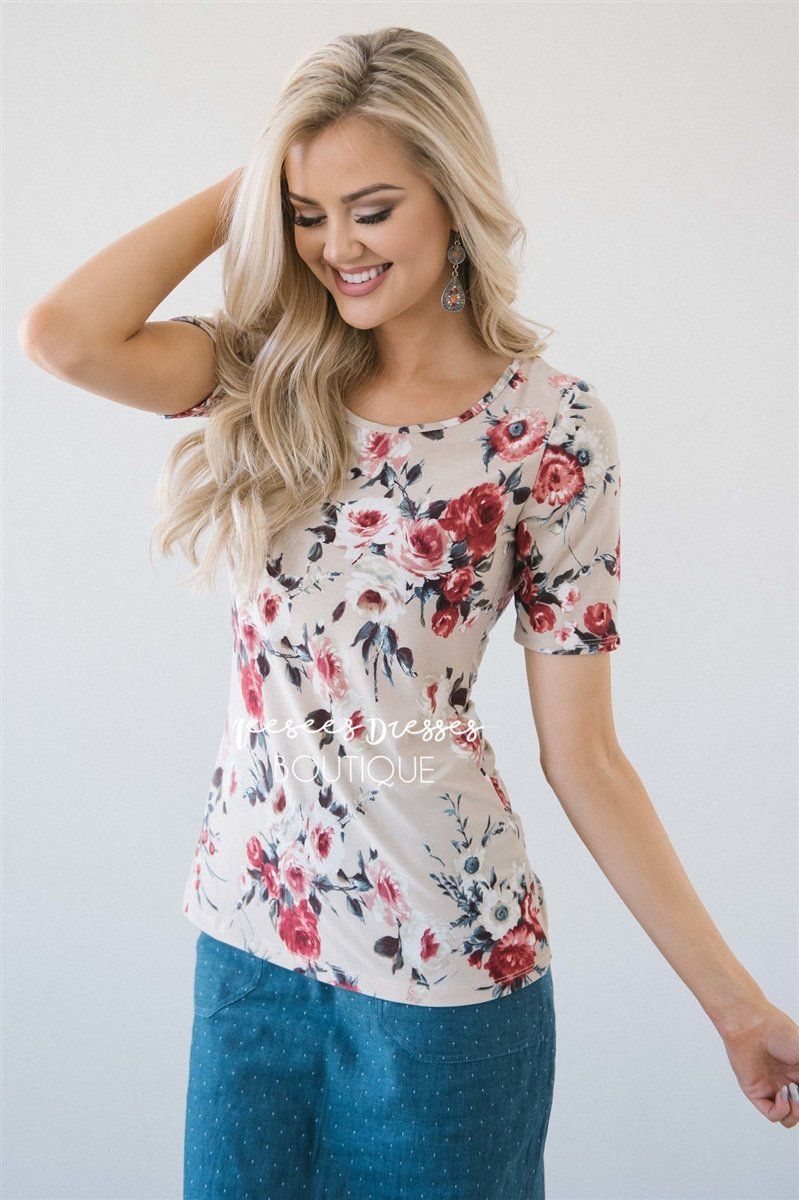 Beige & Maroon Floral Scoop Neck Top Tops vendor-unknown Beige & Maroon Floral XS 