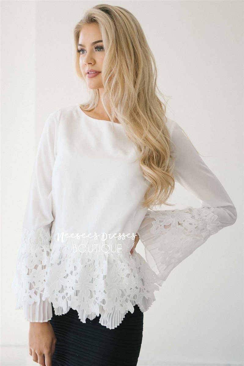 Stunning Lace & Pleats Bell Sleeve Blouse Tops vendor-unknown 