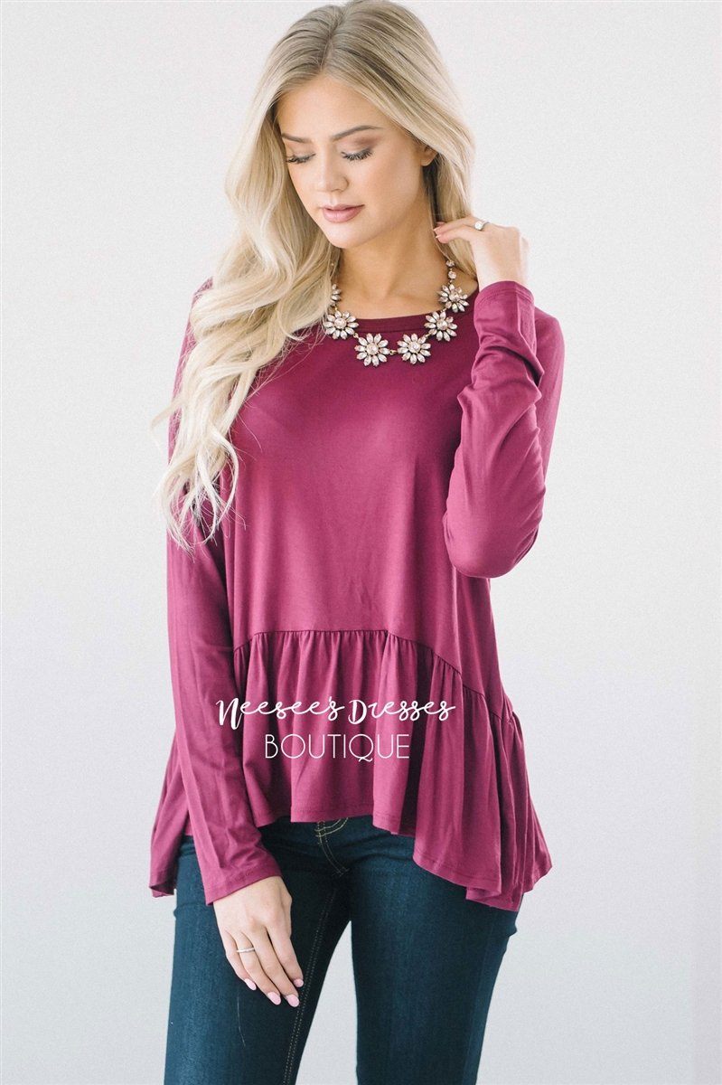 Peplum Ruffle Long Sleeve Top Tops vendor-unknown S Burgundy 