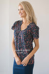 Shirred Tulip Sleeve Top Tops vendor-unknown Navy Floral XS